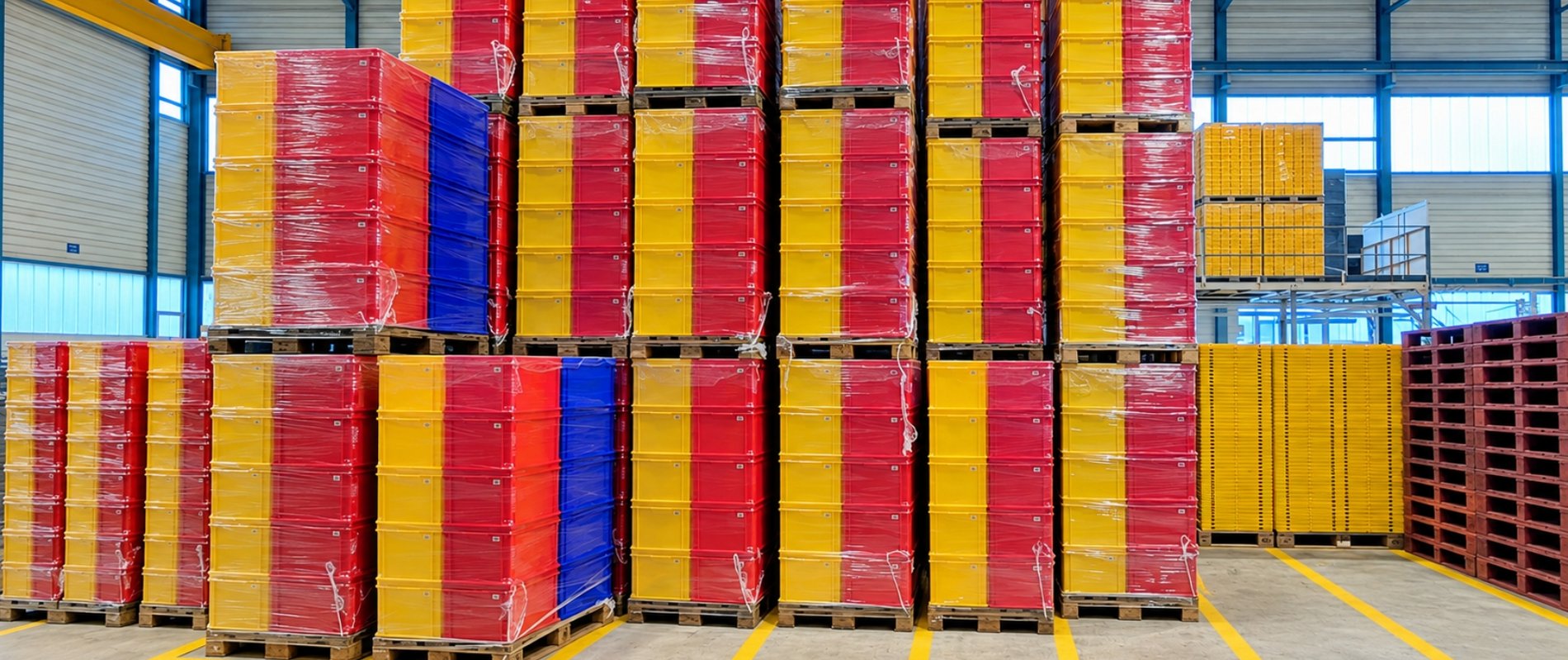 Plastic, stackable containers packaged for transport