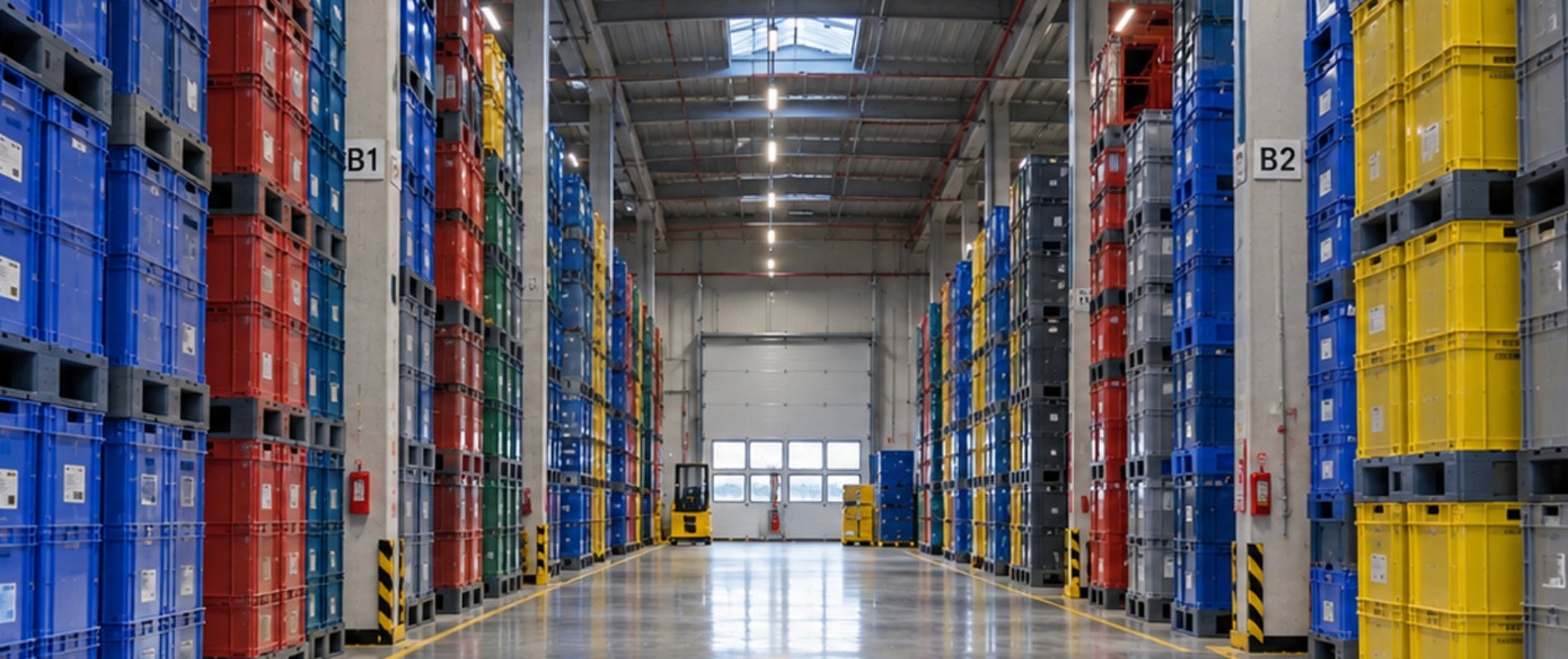 Bulk containers stacked in Pooltec's warehouse