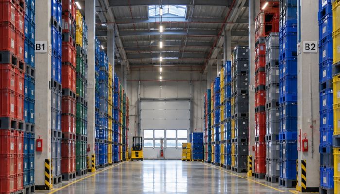 Plastic containers stacked at Pooltec's warehouse.